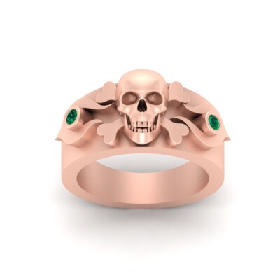 Synthetic Green Emerald Crossbones and Skull Engagement Ring Unisex Skull Band