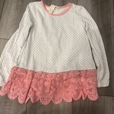 Matilda Jane Girls Polka Dot Long Sleeve Shirt w/ Pink Ruffle Hem Detail Size 4