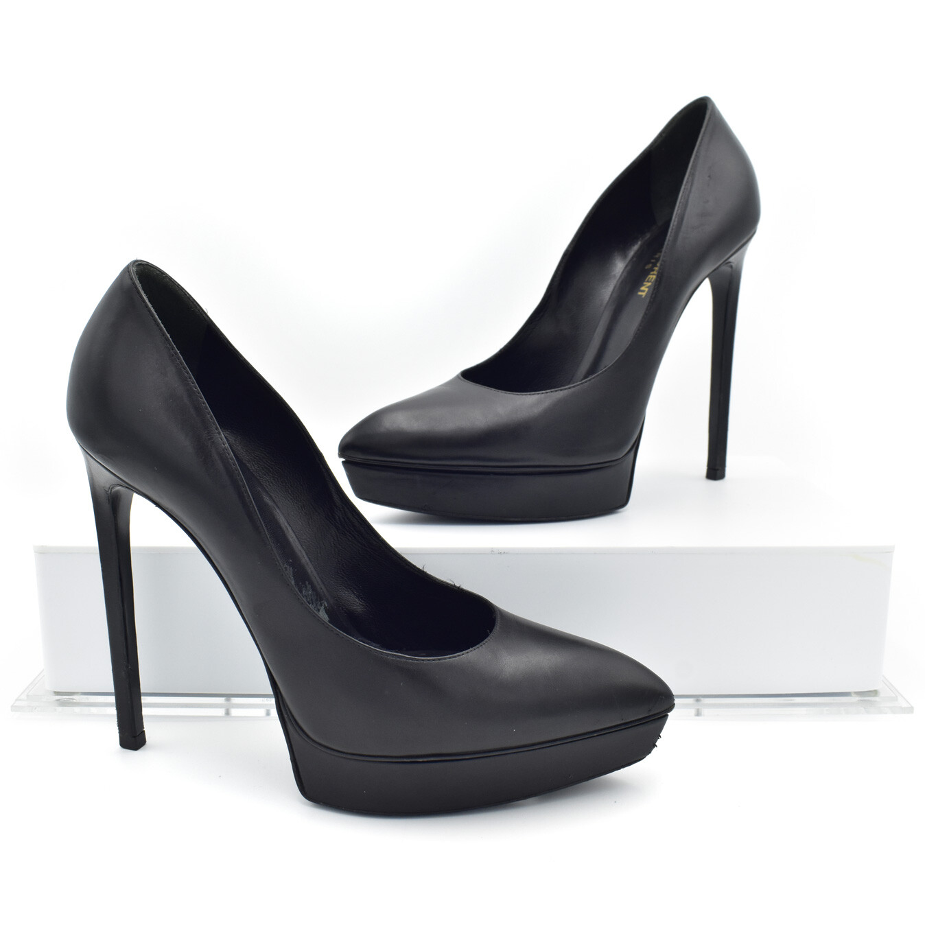Saint Laurent decolte plateau in pelle nera con tacco alto taglia 39 8 5 US COSÌ COM'È