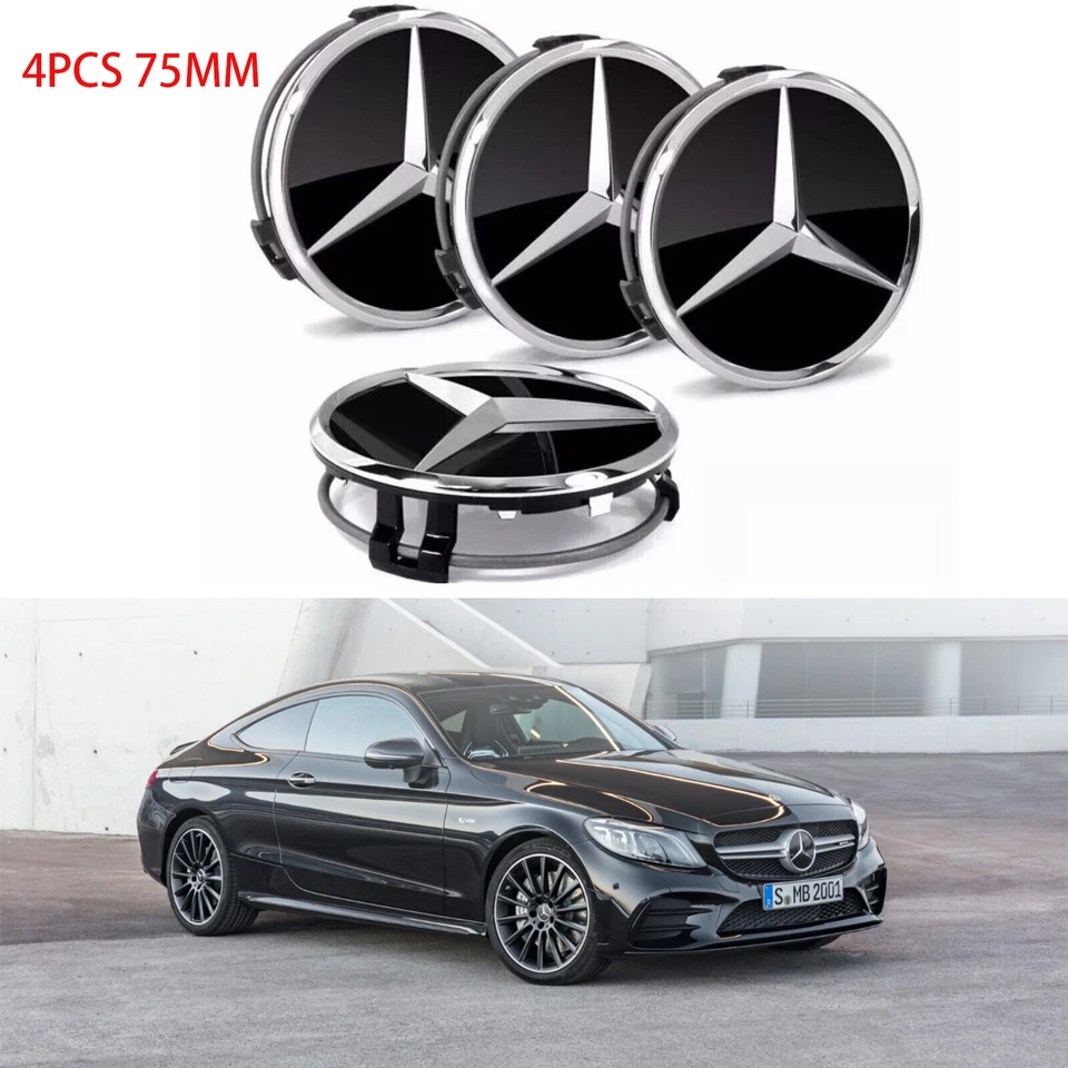 SET OF 4 BLACK 75 mm/2.95in Wheel Center Caps Fits MERCEDES BENZ Most Models NEW Foto 4 de 4