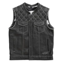Men's Club Black Diamond Quilted Leather Biker Vest Concealed Carry USA Flag SOA