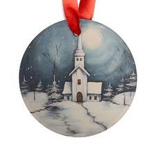 Country Church Snowy Night - Round Acrylic Ornament - Personalized Holiday Gift