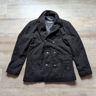 Y2K Vintage VOLCOM Peacoat, Black Wool Blend Double Breasted Mens Jacket Size S