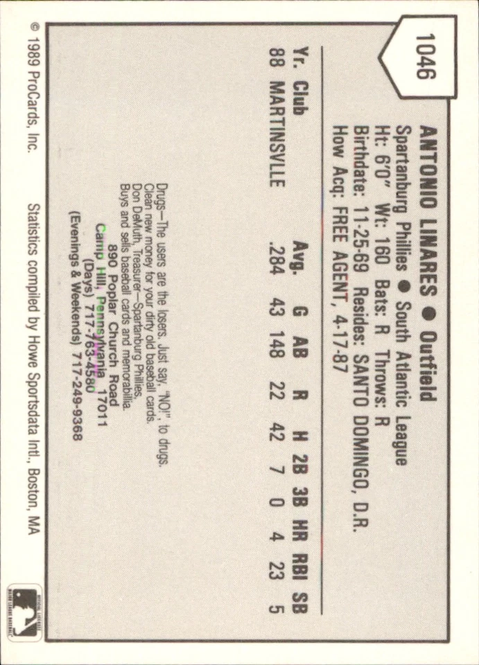 Antonio Linares 1989 ProCards Minor League T/S #1046 RC Spartanburg Phillies ** - Image 2 of 2