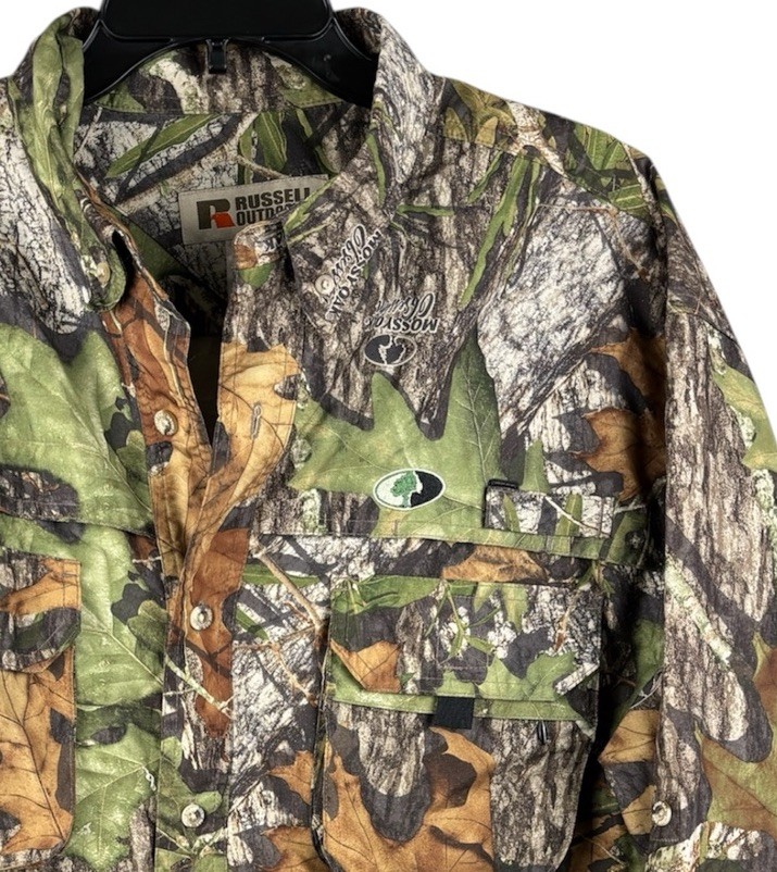 Russell Outdoors Men's Long Sleeve Camo Shirt Large Treklite Mossy Oak Pockets Tree Leaf Pattern