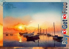 Harbour Boats 5x7 Print on Matte Paper | Watercolor Sunset Nautical Wall Art