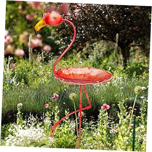Outdoors Flamingo Bird Bath Glass Bowl Birdfeeder Stake with Metal Stand for