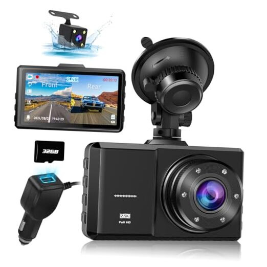 Front and Rear 1296P Dual Dash Cam with 32G SD Card Waterproof Design