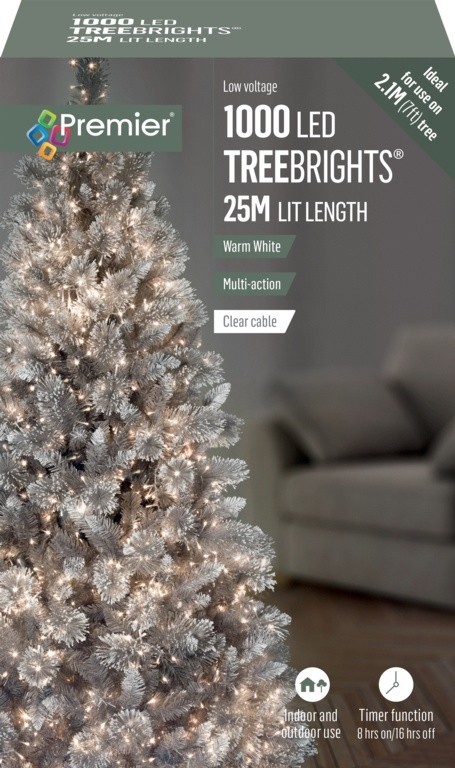 Premier 1000 LED TreeBrights Christmas Tree Lights Timer Clear Cable WARM WHITE