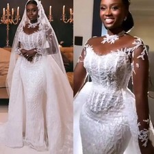 Luxury Mermaid Wedding Dresses Long Sleeves Beads Detachable Train Bridal Gowns
