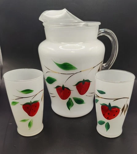 Bartlett Collins Vintage Strawberry Pitcher W/ 2 Glasses Milk Glass Handpainted