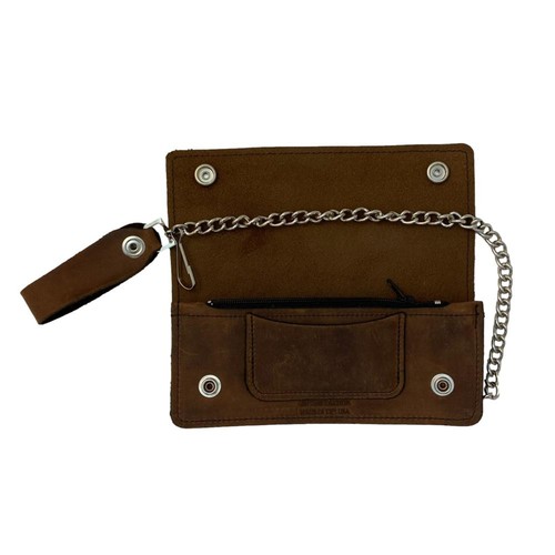 Cartera de camionero de cuero marrón para hombre con cremallera y cierre a presión - Bicicleta duradera - Imagen 9 de 11