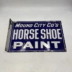 Vintage MOUND CITY Co Horse Shoe Paint Porcelain Sign 14x9” Antique Advertising