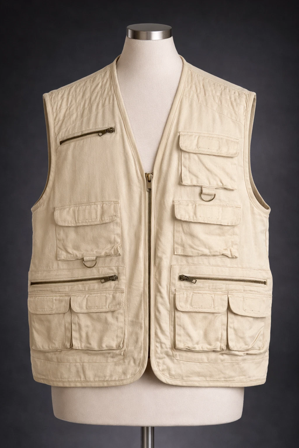 Madeleine Utility Vest XL Beige Silk Cotton Safari Fishing Multi Pocket Full Zip