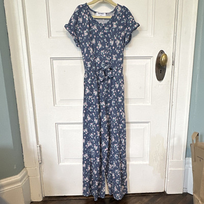 Old Navy Girls L (10-12) Blue Floral Cotton Jumpsuit Short Sleeve w pockets