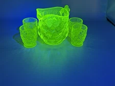 Westmoreland Rosso Thousand Eye Dot Optic Vaseline Pitcher And 4 Glasses Set