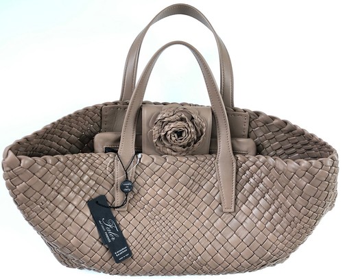NWT Falor Firenze Woven Leather Bag Rosette F2097 Made in Italy Taupe New #2 - Picture 5 of 23