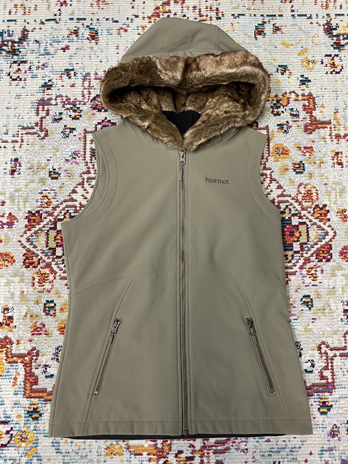 MARMOT BROWN SOFT SHELL FLEECE LINED FAUX FUR HOODIE VEST SIZE M A2 | eBay