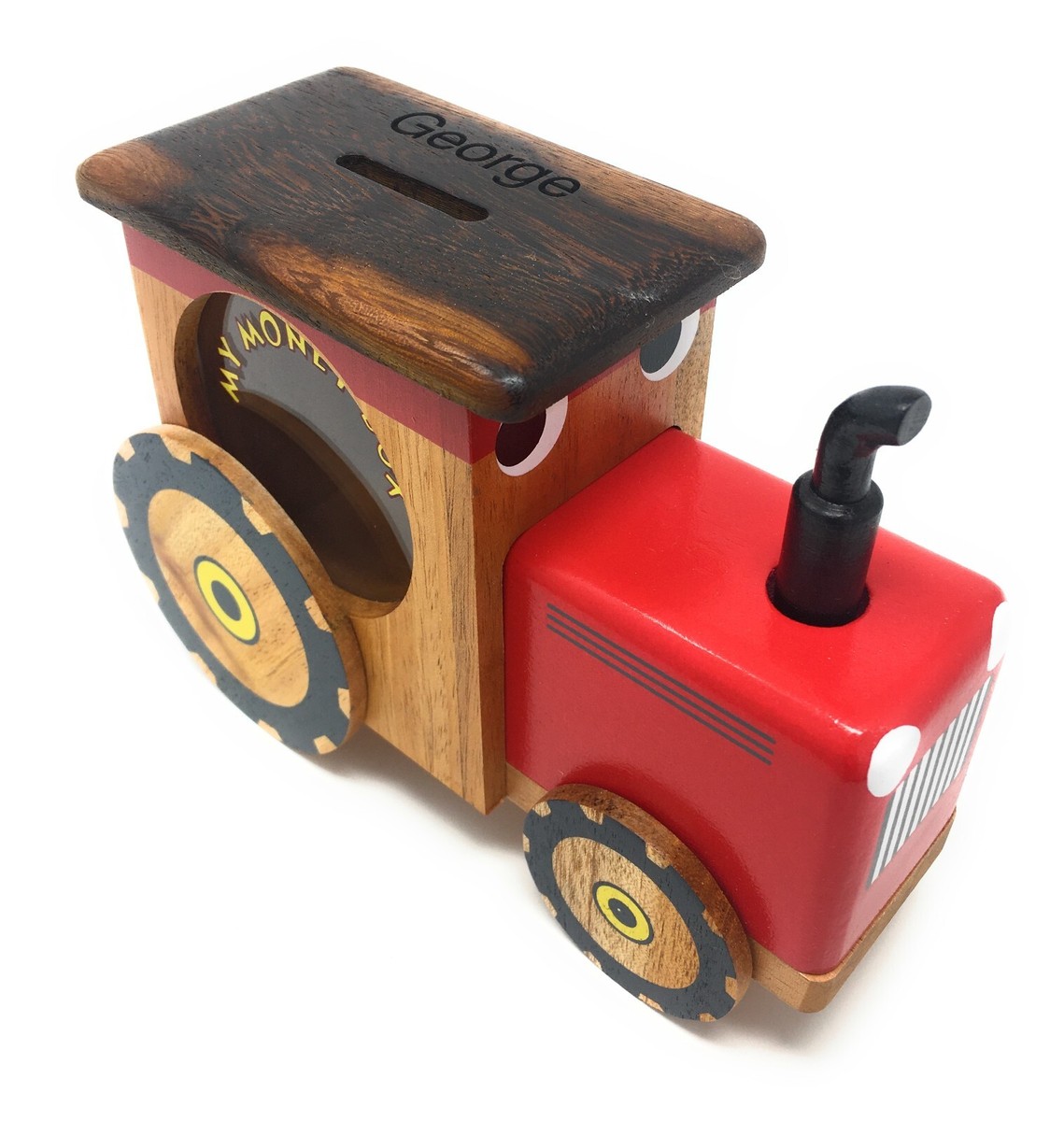 Personalised Wooden Tractor Money Box Engraved Christening Baby Birthday  Gift