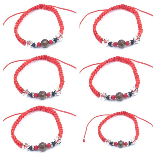 Bracelet Red Macrame Cord Tiger Eye Beads Horseshoe Charms 6.5in-12in pack x12 - Picture 2 of 11