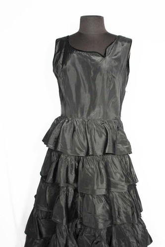RARE VINTAGE 1960'S TIERED BLACK RAYON TAFFETA PARTY DRESS SIZE 6 - 第 3/7 張圖片
