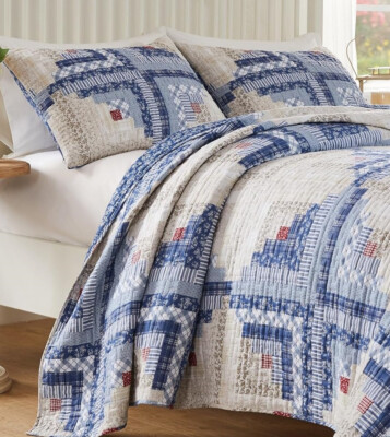 FARMHOUSE LOG CABIN BLUE 3pc King / Cal QUILT SET : COZY COTTAGE FLOWERS PLAID