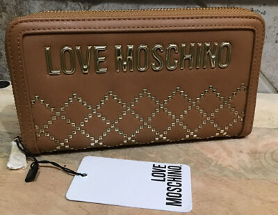 LOVE MOSCHINO Black/Gold Studded  JC5618PP1BLG0201 Zip Around Wallet Caramel NWT