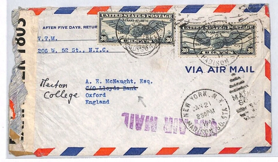 USA WW2 Air NYC Cover BRITISH INTELLIGENCE Oxford Merton College {McNaught}YL245 - Image 2 of 4