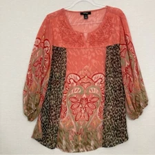 Style & Co Y Neck Embroidered Patchwork Sheer Boho Blouse size 1X