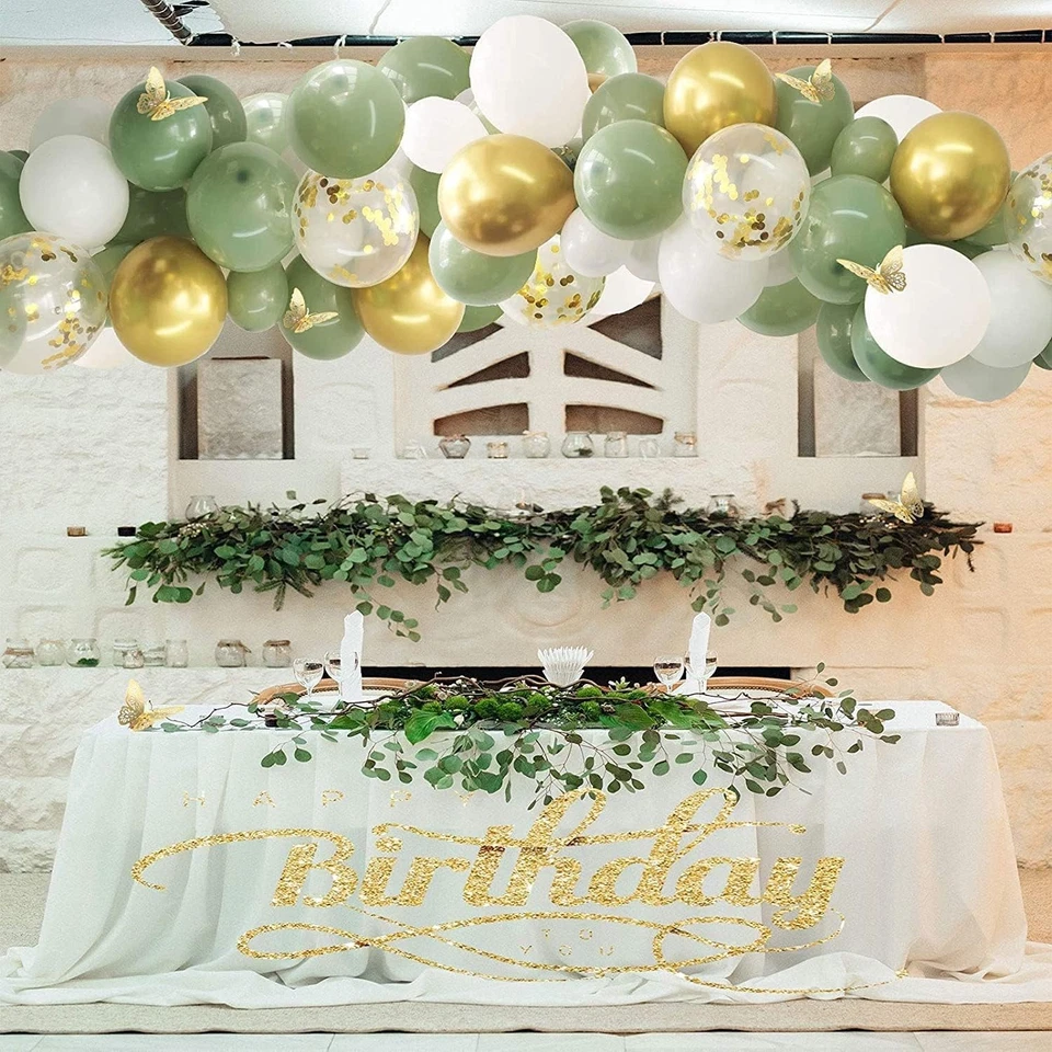 Guirlande Ballons Vert Sauge Blancs Or pour Decoration Anniversaire Mariage - Photo 4/4