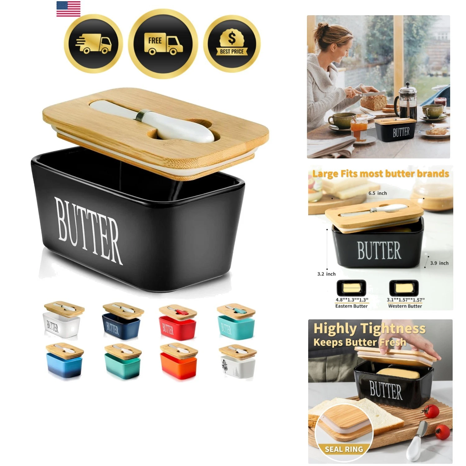 Butter Dish with Lid, Ceramic Butter Dish with Knife for Countertop, Airtight...