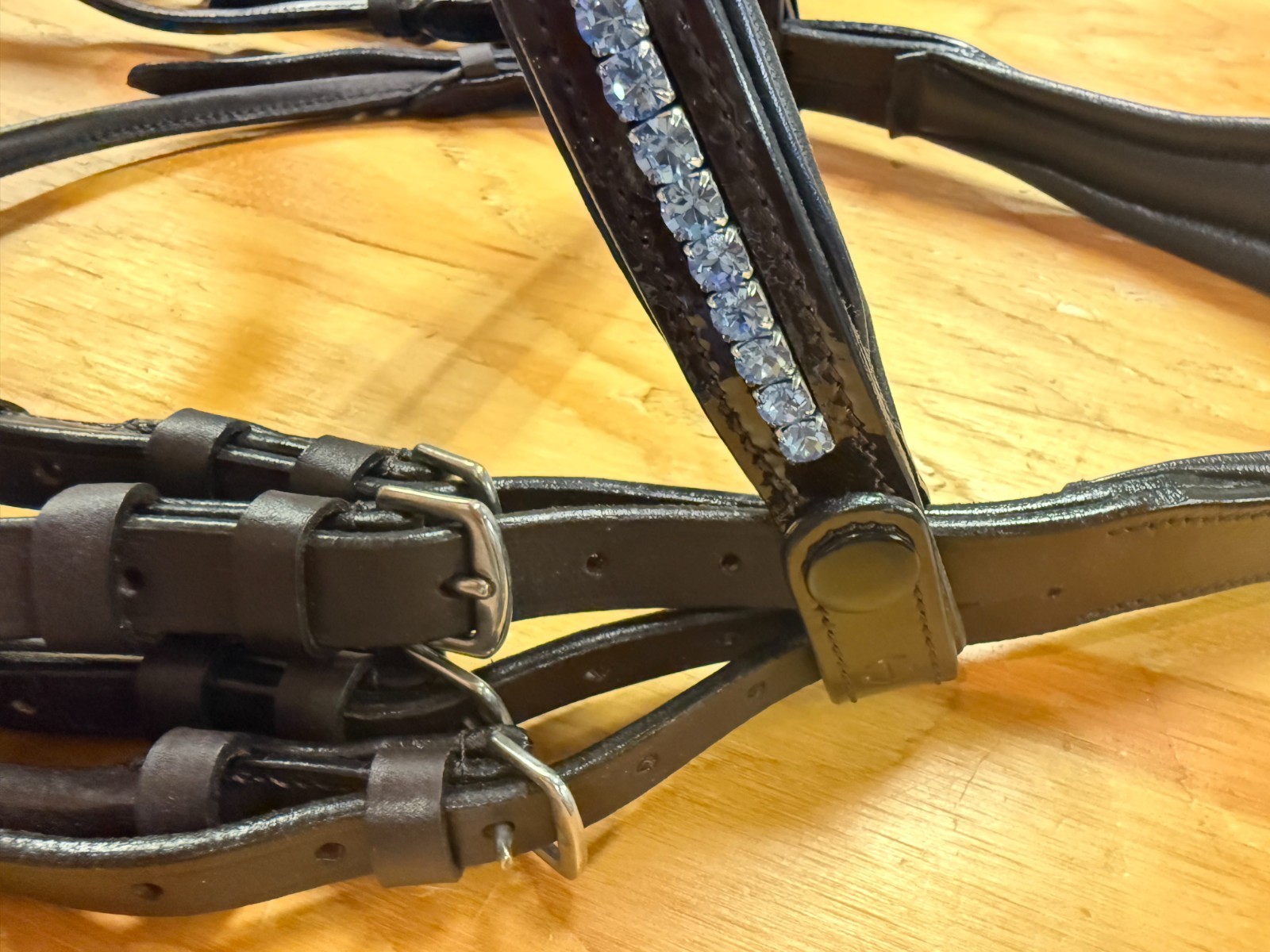 Halter Ego Brown Patent Leather Double Bridle with Blue Crystals. Size Cob.