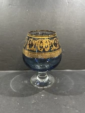 Interglass Italy Cobalt Blue Brandy Snifter Gold Accent Crystal Renaissance 5”