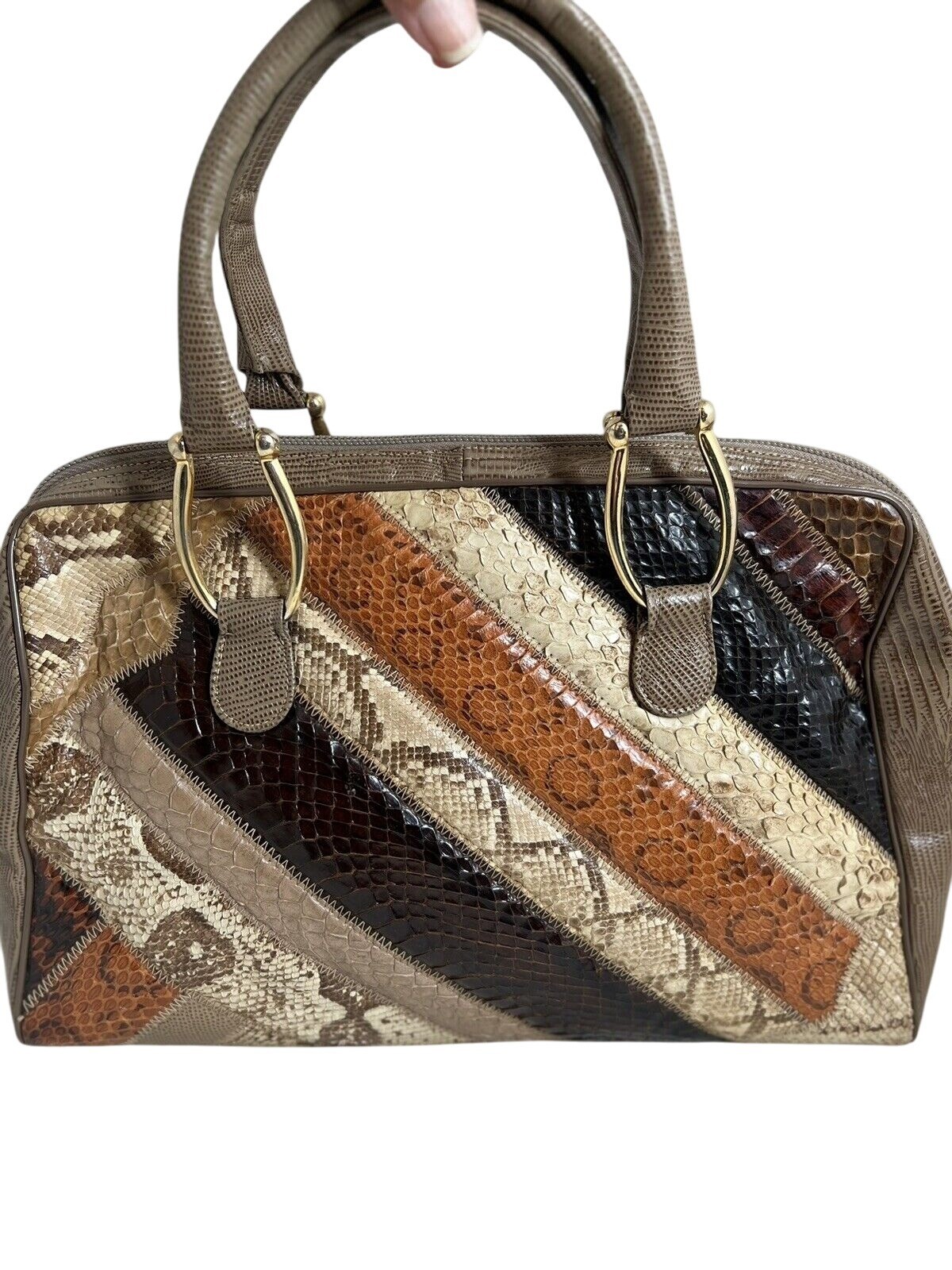 Vintage Supreme Patchwork Snakeskin Handbag W/Gold-Tone Handles & Zipper Closure