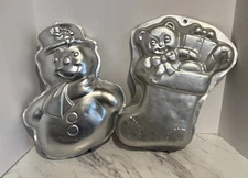 Vtg Wilton Cake Pans Frosty The Snowman & A Christmas Stocking w/Gifts 1988/89