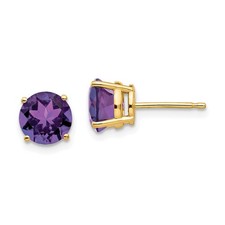 14k Yellow Gold 7mm Round Cut Amethyst Solitaire Stud Earrings 0.92g