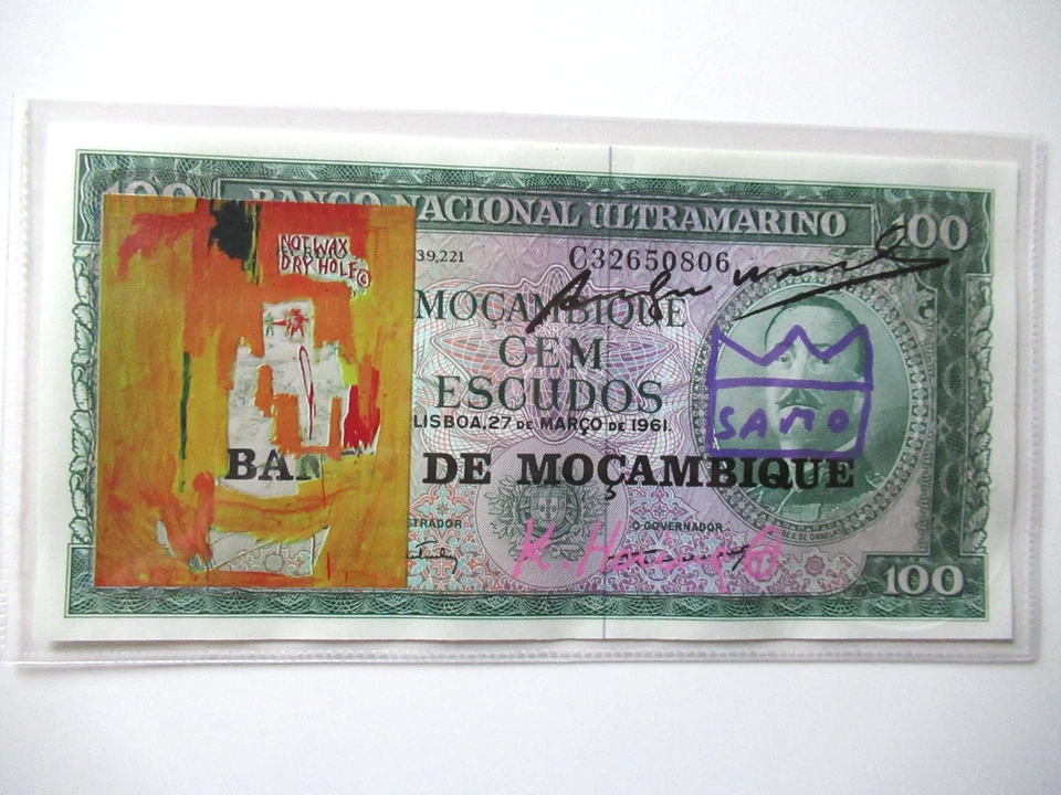 A. WARHOL/K. HARING/J. M.BASQUIAT: 100 SCUDI BANKNOTE 3x SIGNIERT, SKIZZIERT