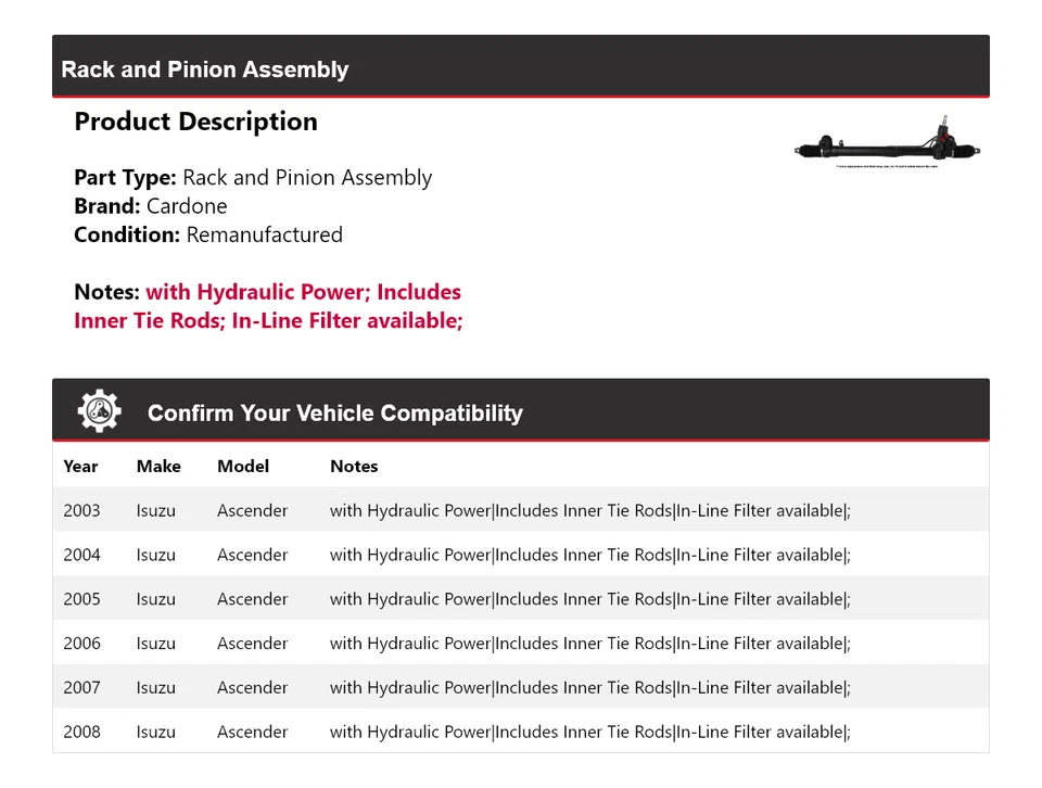 Montaje de piñón y estante ascendente Isuzu 2003-2008 cardone 2004 2005 2006 Foto 2 de 4