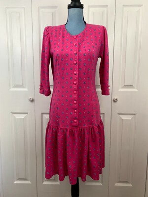 Vintage 1990's Byer Too Dress Drop Waist 3/4 Sleeves Floral Pink Purple Size 9