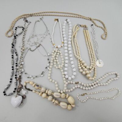 White Necklace Lot 13 Piece Beaded Vintage Long Jewelry Mixed Job Cream
