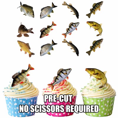 Precut Fish Carp Pike Bream 36 Edible Cupcake Toppers Cake