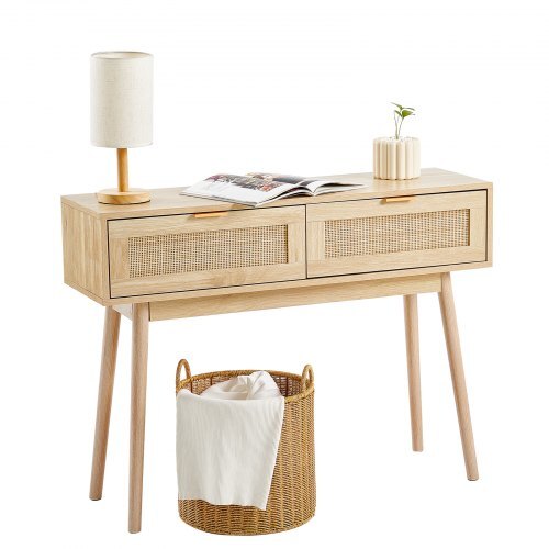 Rattan Console Table with 2 Drawers and Sliding Door Natural Storage