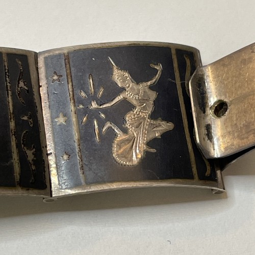 Vintage SIAM Sterling Silver 925 Panel Bracelet Enamel Niello Fan Dancers AL5.3 - Picture 16 of 20