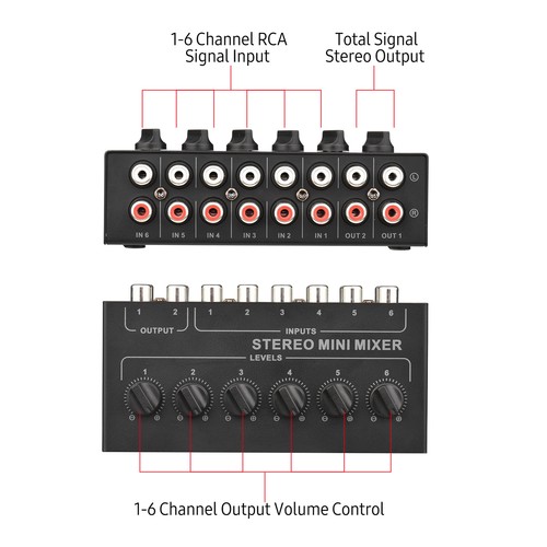 Stereo 6 Channel Passive Mixer RCA Portable Audio Mixer 6 In 2 Out L8B6 - Picture 4 of 5