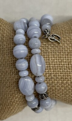 Carolyn Pollack  Blue Lace Agate & Silver Bead Accents  3 Coil Wrap Bracelet