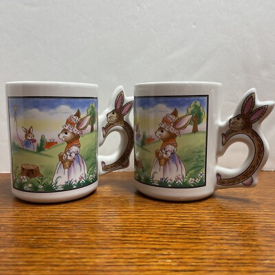 Bunny Rabbit Mugs Set Easter Spring Decor Coffee Tea Mug Novelty Handle