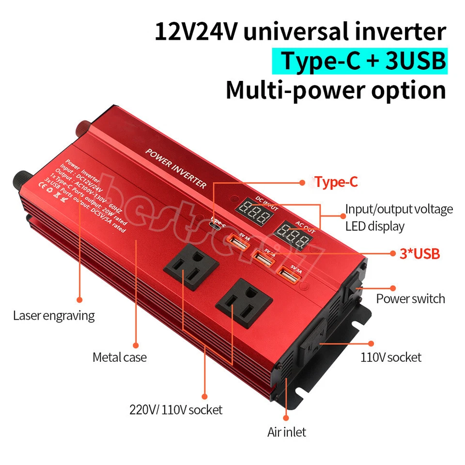 10000W Car Solar Power Inverter DC12V 24V To AC110 220V Modified Sine Waveform - Image 3 of 4