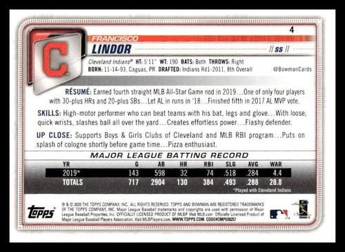 2020 Bowman Francisco Lindor #4 Cleveland Indians Baseball Card - Picture 2 of 2