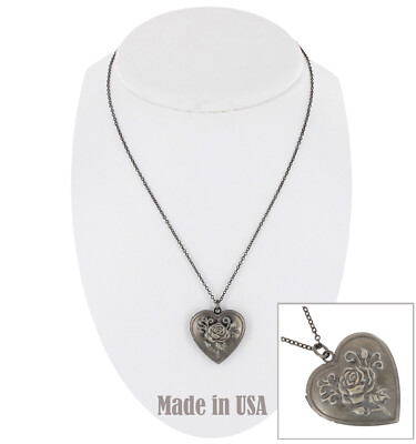 Dark Gun Metal Rose Heart Photo Locket Pendant 1 1/4'' + Chain Necklace 18''