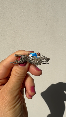 Antique Victorian 14K Gold and Silver Rose Cut Diamond Horse Jockey Enamel Pin - Video 1 of 1